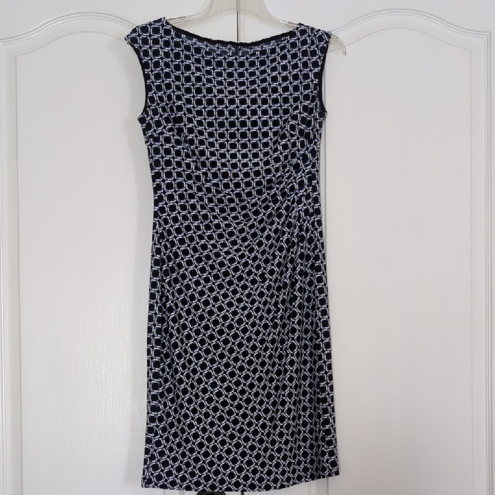 Boat Neck Navy Blue and White Geometric Stretchy Dress